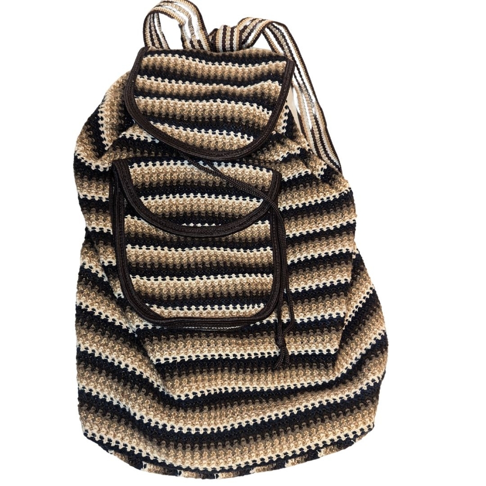 Striped Crochet Backpack Tote in Beige, Black and Cream
